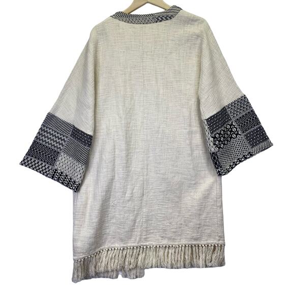 Embroidered Fringe Long Kimono Cardigan Womens L Ivory Black Bohemian - Picture 5 of 7